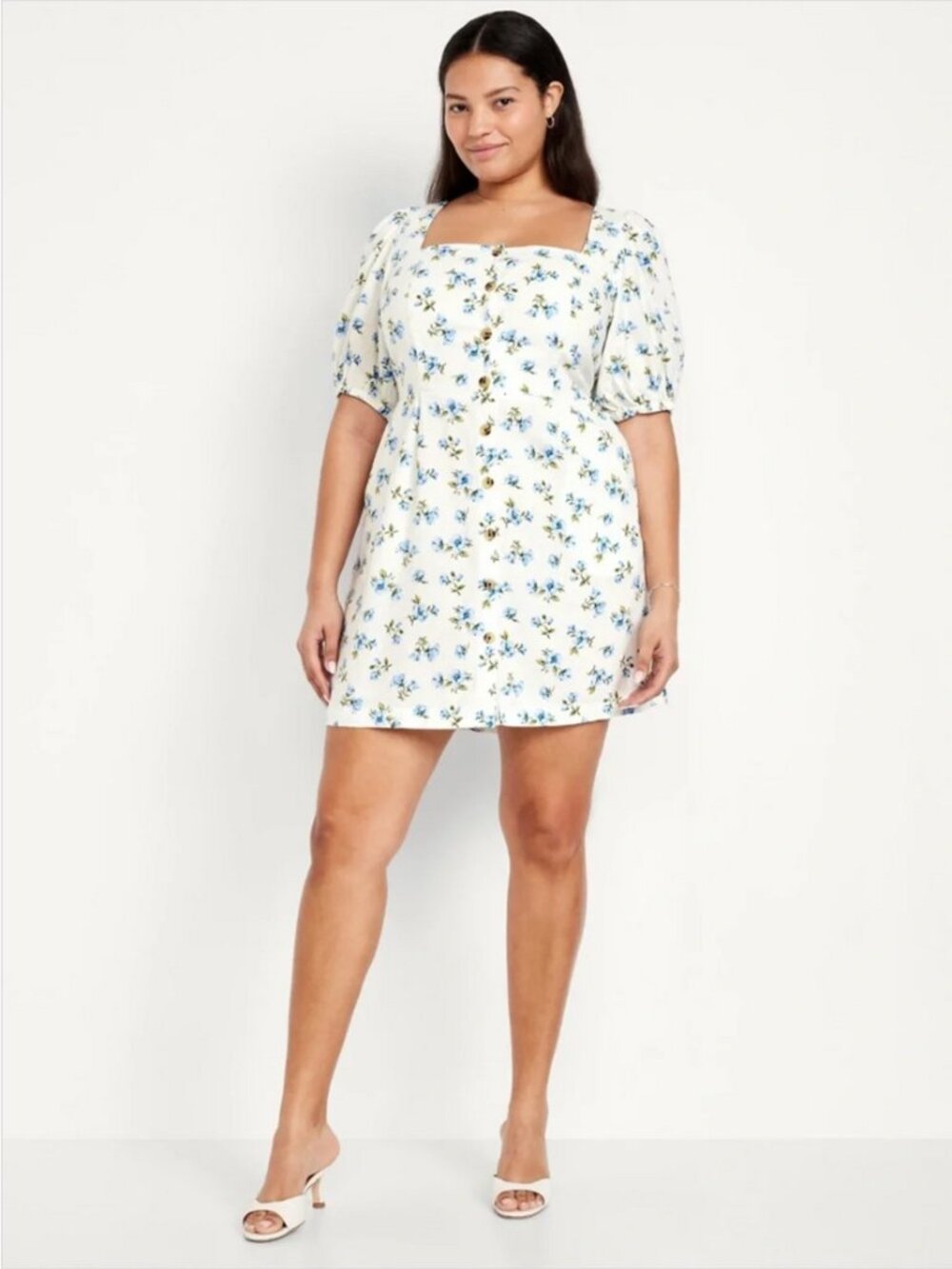 Old Navy Puff-Sleeve Linen-Blend Mini Dress in Light Blue Floral